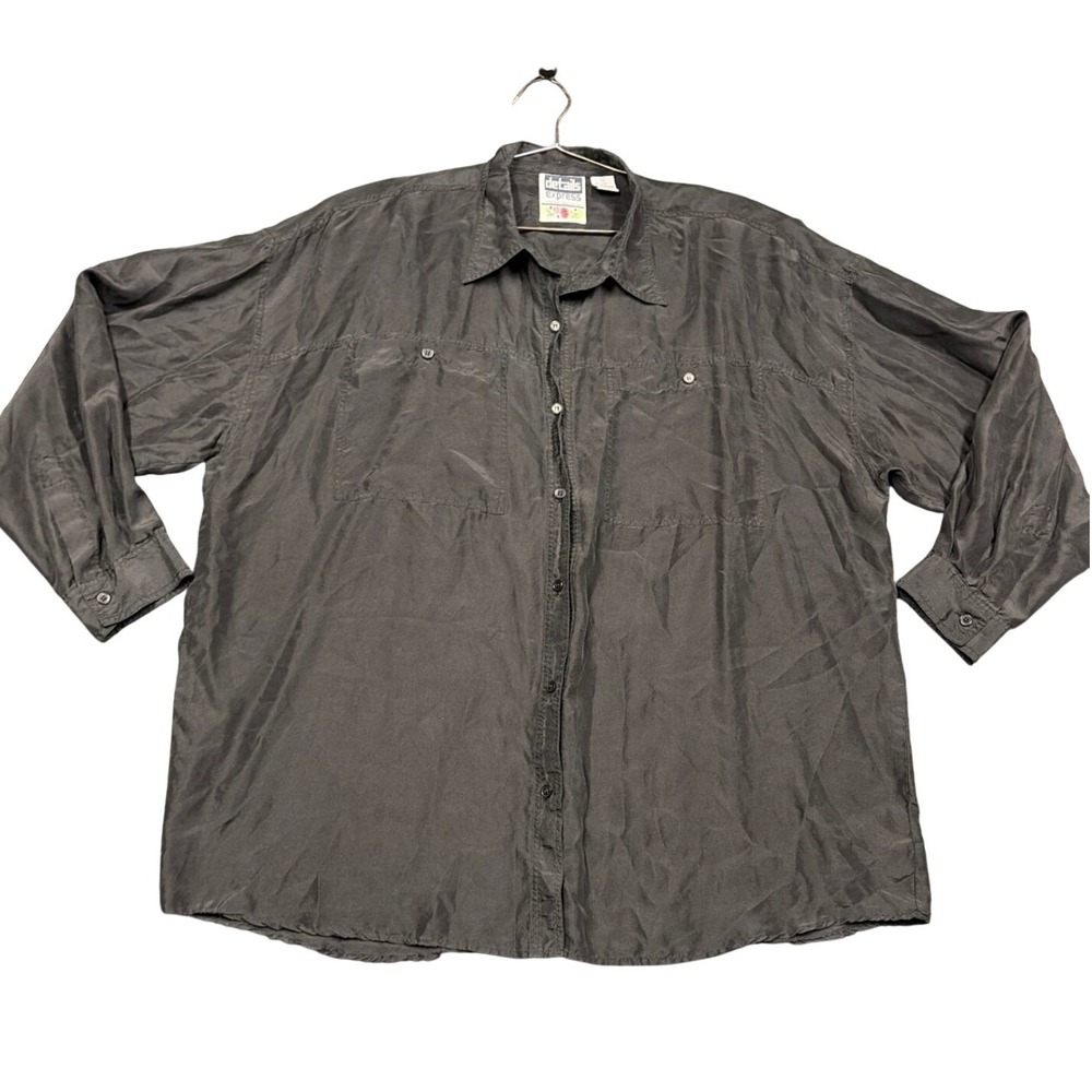 Vintage Details Express Shirt 22 Black Silk Button Down Shoulder Pads 90s